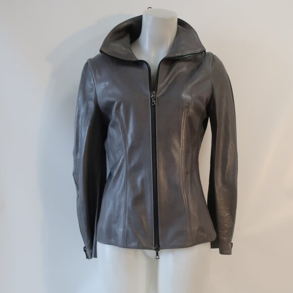 Womens Shari's Place Gray Black Zipper Motif Leather Jacket 8 - Picture 8 of 16